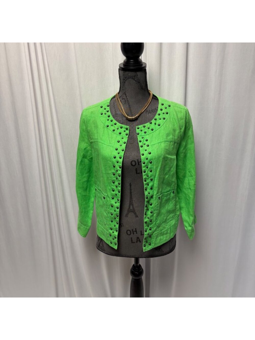 Multiples Womens Linen Jacket Size Medium Green Studded Open Front Casual Blazer